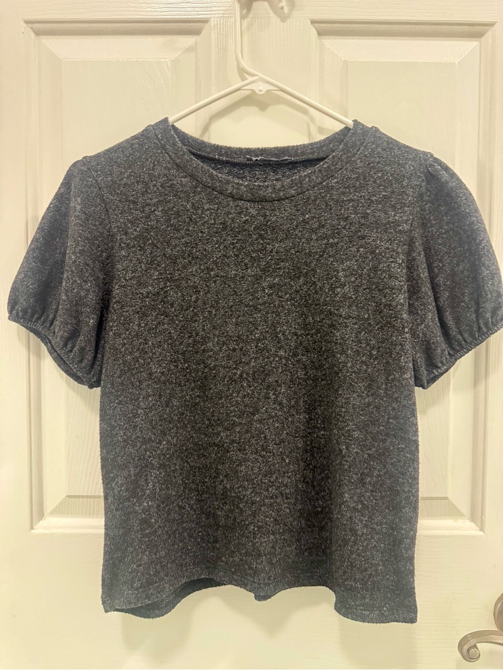Zara Heathered Charcoal Puff Sleeve Crewneck Sweater